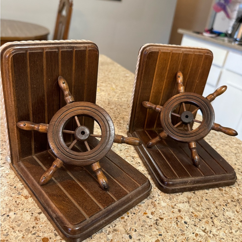 Vintage Wooden Nautical Ship Wheel Bookends